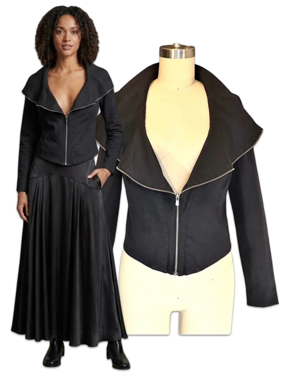 Vintage Y2K Dark Gray Oversized Portrait Collar Moto Zip Fitted Blazer Jacket XS